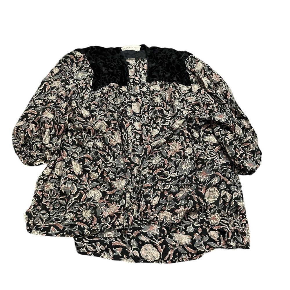 Floral Patterned Cardigan with Blue Velvet lace Accents